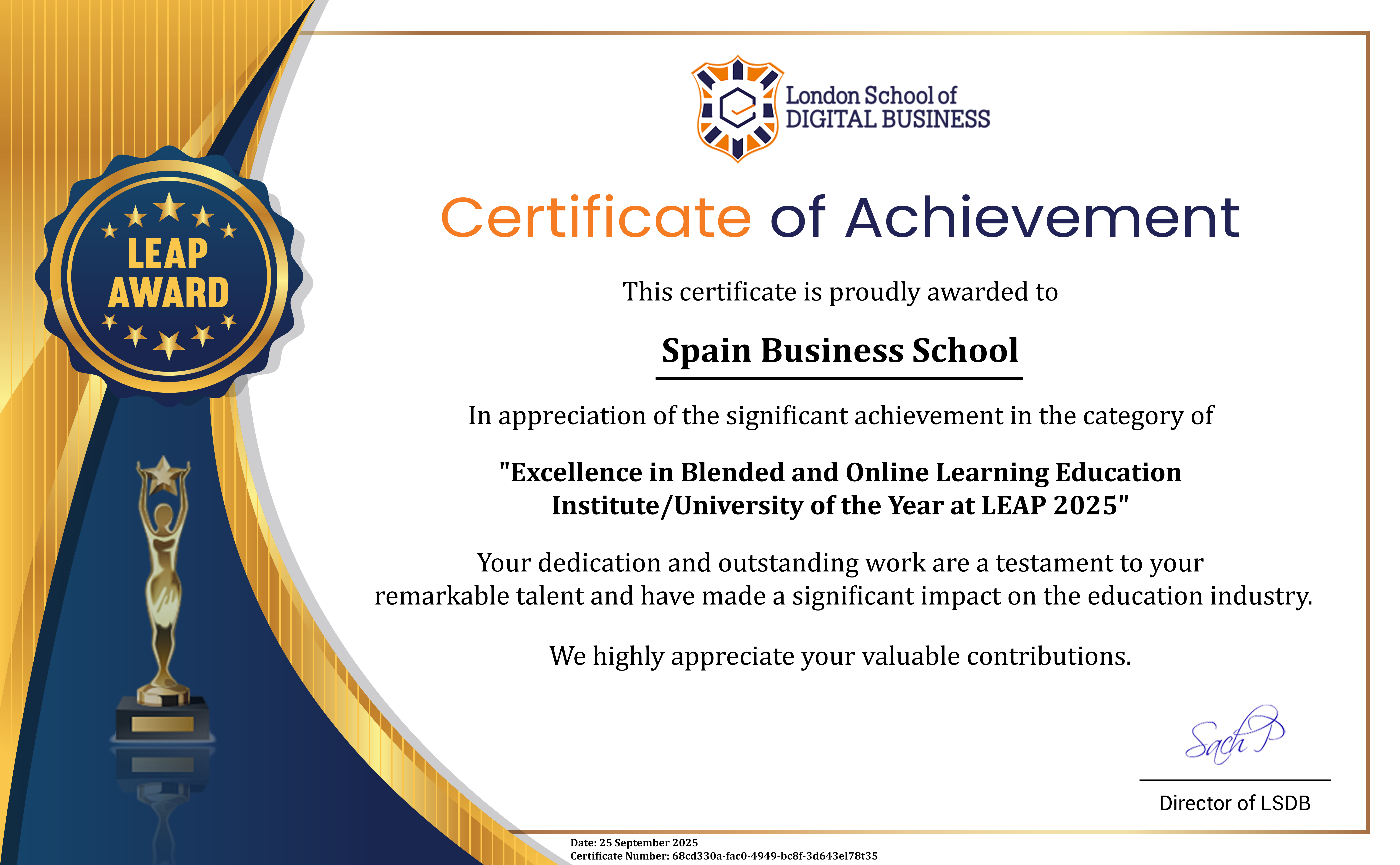 Spain Business School, premiada en los LSDB International Awards por su formación online y blended